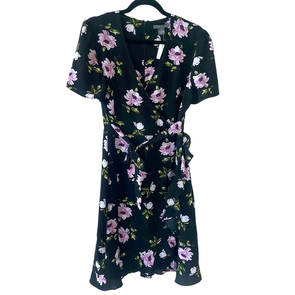 Suzy Shier Dresses & Skirts - Suzy Shier Black Lilac Green Floral Ruffle Faux Wrap Dress Size Large